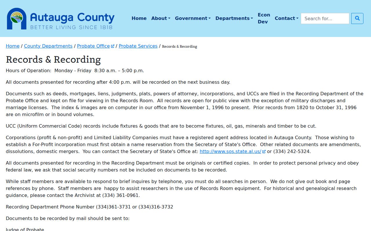 Prattville residents directory view of Autauga Probate recording access