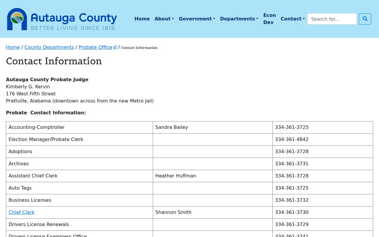 Prattville previous residents Autauga Probate office contacts
